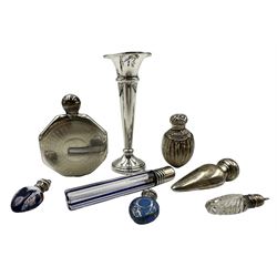 Miniature Edwardian ceramic and silver scent flask Birmingham 1902, tapering silver scent flask, another of fluted design, Murano flask with encased blue lines L7cm, three other flasks and a small silver trumpet shape vase (8)