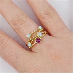 9ct gold opal and pink tourmaline ring, hallmarked