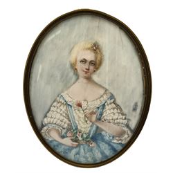 Late 19th/early 20th century oval miniature half length portrait on ivory of a lady holding a flower 14cm x 11cm. This item has been registered for sale under Section 10 of the APHA Ivory Act