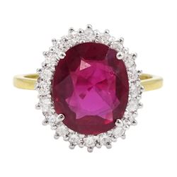 18ct gold oval cut Thai ruby and round brilliant cut diamond cluster ring, hallmarked, ruby approx 4.35 carat