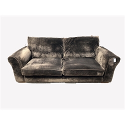 Contemporary three seat sofa, upholstered in brown crushed velvet, with squab cushions, raised on block supports, W230cm