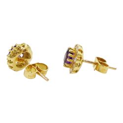 Pair of 18ct gold amethyst and diamond cluster stud earrings, hallmarked