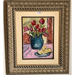 British Contemporary: Still Life of Tulips and Lemons, oil on paper unsigned 38cm x 28cm