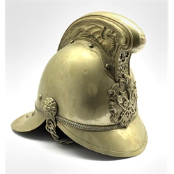 Edwardian brass Merryweather type firemans helmet, complete with liner and chin strap