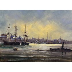David Short (British 1940-): Estuary Scene with Fishing Vessels, oil on canvas signed 30cm x 40cm