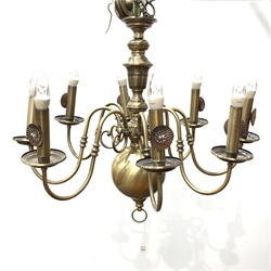 Dutch style brushed brass electrolier,  knopped column with eight scroll branches, electric fitments below a large spherical lower finial, H65cm 