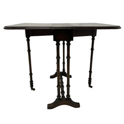 Small Regency style mahogany Sutherland table, moulded drop-leaf top with rounded corners, gate-leg action base, turned pillar supports on moulded sledge feet joined by turned stretcher