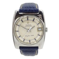 Zodiac Kingline 36000 gentleman's stainless steel automatic chronometer wristwatch, with date aperture, on blue leather strap