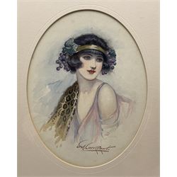 E M Cockeport (British Early-to-Mid 20th century): Portrait of a 1920s Flapper Girl, oval watercolour signed 26cm x 20cm