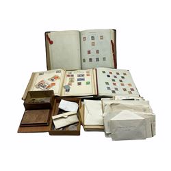 Stamps and coins including King George V 1935 crown, small number of Great British pre 1947 silver coins, King George VI Festival Of Britain crown in maroon case, World coins etc, Queen Victoria and later stamps in three albums and in packets, in one box