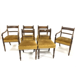 Matched set of six (4+2) Regency mahogany 'Trafalgar' dining chairs with rope twist backs, upholstered seats and ring turned supports, four side chairs and a pair of carver armchairs 