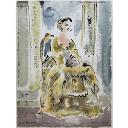 Alan Halliday (British 1952-): 'The Marschallin - Der Rosenkavalier' The Royal Opera - Drawn in Dress Rehearsal, watercolour signed inscribed and dated '95, 38cm x 29cm
Notes: This watercolour depicts the Bulgarian soprano Anna Tomowa-Sintow as Strauss’ Marschallin in the early 1980's
