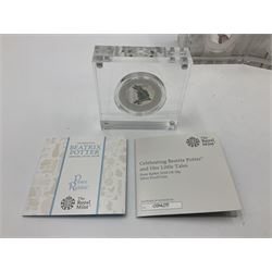 Four The Royal Mint United Kingdom 2018 'Beatrix Potter' silver proof fifty pence coins, comprising 'Peter Rabbit', 'Flopsy Bunny', 'Mrs Tittlemouse' and 'The Tailor of Gloucester', all cased with certificates (4)