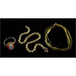Gold weave link necklace, gold rope twist bracelet and a gold cameo ring, all hallmarked 9ct