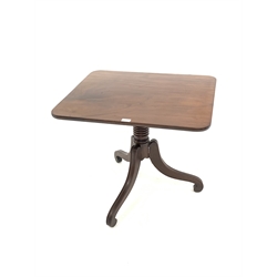 Regency mahogany tripod table, rectangular tilt top with rounded corners, raised on ring turned column and three scrolled splayed and moulded supports 