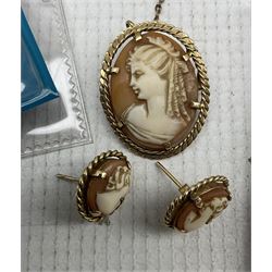 9ct gold cameo brooch and pair of earrings, silver medallion and other jewellery and collection of coins including silver '1977 silver jubilee', hallmarked and seven £2 coins