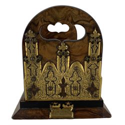 Victorian figured walnut and brass bound book slide by George Betjemann & Sons with patent self-closing mechanism, the gothic fretwork gilt brass mounts profusely engraved with floral scrolls, stamped 'Betjemann's Patent 817, Self Closing Book Slide', L40cm unextended