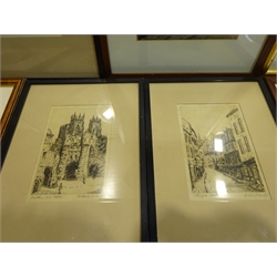 Collection of York interest pictures: two watercolours of the Shambles, pair etchings 'Bootham Bar' and 'Stonegate' signed Richard W Barker, another coloured etching 'The Shambles' signed Donald Gray, 'Micklegate Bar', print after Leonard Russell Squirrell signed in pencil, and two prints after Ernest William Haslehust, max 32cm x 22cm (8)
