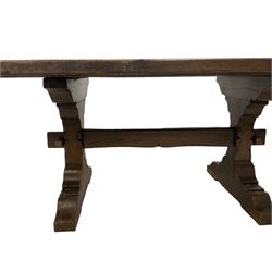 18th century design oak refectory dining table, rectangular top over shaped end supports, united by chamfered and pegged stretcher