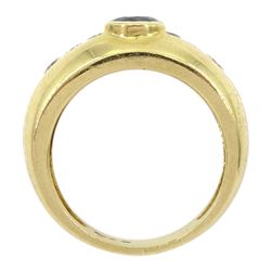 18ct gold bezel set seven stone sapphire and round brilliant cut diamond ring, stamped 750, sapphire approx 0.60 carat total diamond weight approx 0.50 carat
