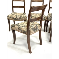  Set seven Georgian mahogany dining chairs with bar backs and reeded decoration over upholstered seat panel, raised on sabre supports, W51cm  