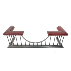 Victorian style wrought metal club fender, with two leather upholstered seats to each end, W180cm, H55cm, D56cm