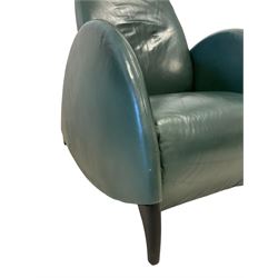 Late 20th century reclining armchair with magnetic headrest, arched arm and end supports, upholstered in teal leather