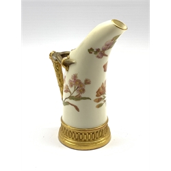 Late Victorian Worcester tusk shape jug painted with sprays of flowers on a blush ivory ground and with naturalistic handle H15cm