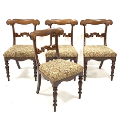 Set four Victorian dining chairs, shaped scroll carved middle rail, upholstered drop on seats, turned and carved front supports, seat width - 48cm, seat height - 47cm