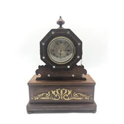 Regency period rosewood cased mantel clock, octagonal top with finial, silvered engine turned Roman dial, the base inlaid with brass work, fitted with later 'Buren' eight day movement, H41cm, W30cm