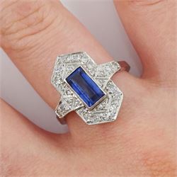 18ct white gold Art Deco style milgrain set baguette cut sapphire and diamond cluster ring, stamped 18ct Plat