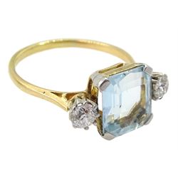 Mid 20th century mixed emerald cut aquamarine and old cut diamond three stone ring, aquamarine approx 3.00 carat, total diamond weight approx 0.33 carat