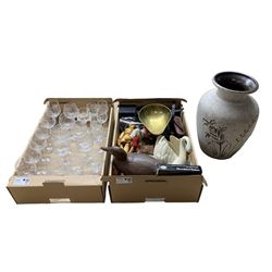 Suite of drinking glasses, Pelham puppet Pinocchio, set of kitchen scales and weight, dominoes, brass etc in two boxes