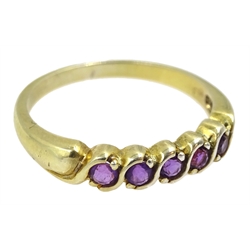 Silver-gilt five stone amethyst ring, stamped sil
