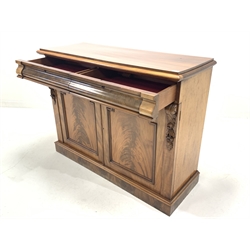Victorian figured mahogany chiffonier sideboard, fitted with two drawers and two cupboards, enclosed by acanthus carved corbels, raised on plinth base, W128cm, H98cm, D49cm