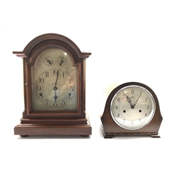 German walnut cased mantel clock by Kienzle, silvered dial with Arabic chapter ring, Westminster chiming movement with silent function, (W27cm) together with a Smiths mantel clock, (W23cm)