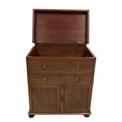George III mahogany cabinet, rectangular hinged top with moulded edge, fitted with false drawer over two short drawers and two panelled cupboard doors, raised on turned feet