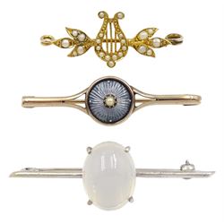 Edwardian 15ct gold pearl harp brooch, 9ct gold guilloche enamel and pearl brooch and a 9ct white gold moonstone brooch