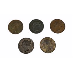 Five Queen Victoria States of Jersey 1/13 of a shilling coins, dated 1841, 1844, 1851, 1858 and 1861 (5)