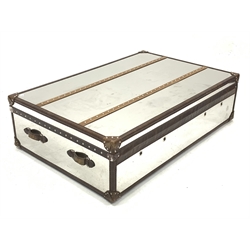 Large rectangular mirrored suitcase style coffee table, leather and wooden fittings, 149cm x 100cm, H40cm