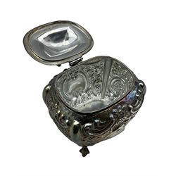 Edwardian silver tea caddy with lion and shield shape lift, embossed decoration with vacant cartouche and on claw and ball feet H10cm Birmingham 1905 Maker Jones & Crompton 5.4oz 