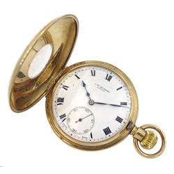 9ct gold half hunter keyless, 15 jewels lever presentation pocket watch by J W Benson, London, white enamel dial with Roman numerals and subsidiary seconds dial, London 1931
