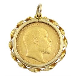 King Edward VII 1907 gold half sovereign coin, loose mounted in 9ct gold pendant