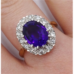 18ct gold amethyst and diamond cluster ring, hallmarked