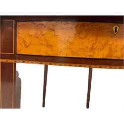 George III satinwood Pembroke table, the drop leaf circular top over one false and one real drawer with birds eye veneer fronts, the drawers with bone escutcheons and brass handles decorated with poppies, the apron decorated with inlaid geometric boxwood patterns, the square tapering supports with boxwood stringing