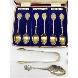 Set of six silver gilt 'Kings of England' teaspoons Birmingham 1936, set of six silver coffee spoons, pair of Victorian silver sugar tongs and four various spoons 9.6oz