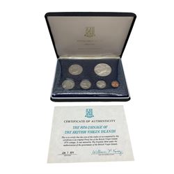 Three British Virgin Islands proof six coin sets, dated 1974, 1975 and 1978, from one cent to one dollar, all produced by The Franklin Mint, all cased with certificates (3)
