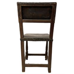 Mid-17th century oak joined backstool or chair, upholstered in brown leather with stud work, turned front supports joined by plain stretchers