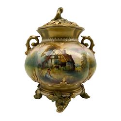 Early 20th century Royal Worcester pot pourri vase and cover by E. Lewis, the compressed quatrelobed body with scroll pierced lid, branch form finial and handles, decorated with a thatched cottage and figure, signed E. Lewis, upon naturalistic moulded base, green printed marks beneath including shape number 241 and date code for 1911, H20cm
