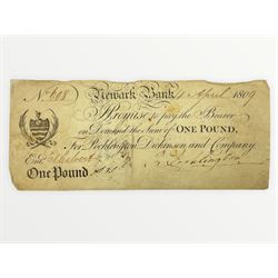 Newark Bank one pound note, 4th April 1809